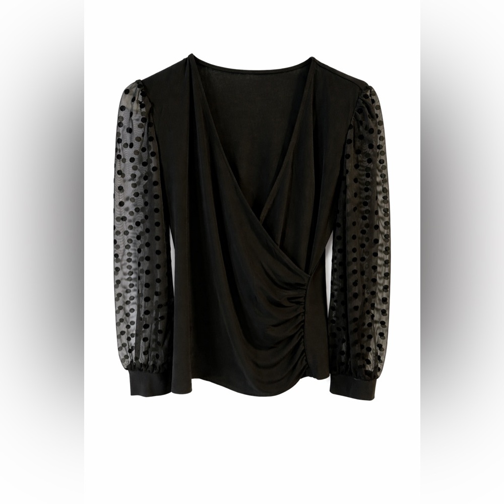 Anne Klein Black Wrap Blouse - Sheer Polka Dot Sleeves | SIZE S Chic & Flirty 🖤